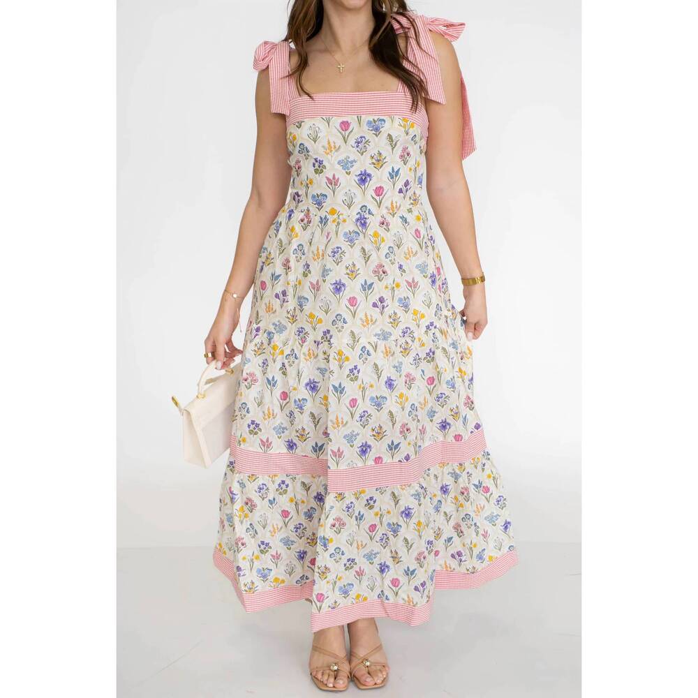 NEW UNISHE floral print striped detail knot straps maxi dress in multicolor